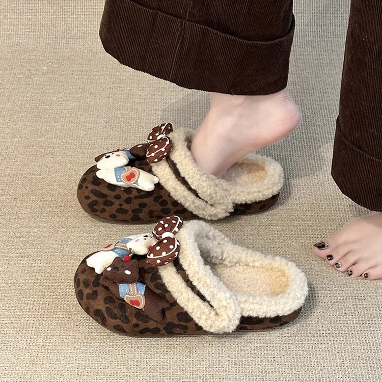 厚底包头拖卡通小猫包头半拖鞋外穿女2025冬新款加绒勃肯鞋大棉鞋