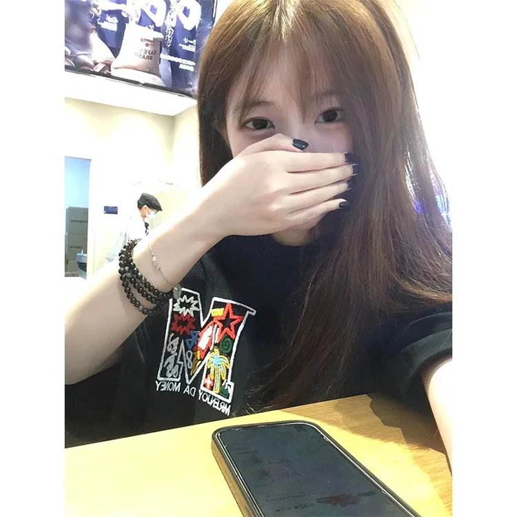 国潮牌【字母刺绣】短袖t恤女夏季oversize学院风情侣百搭上衣潮