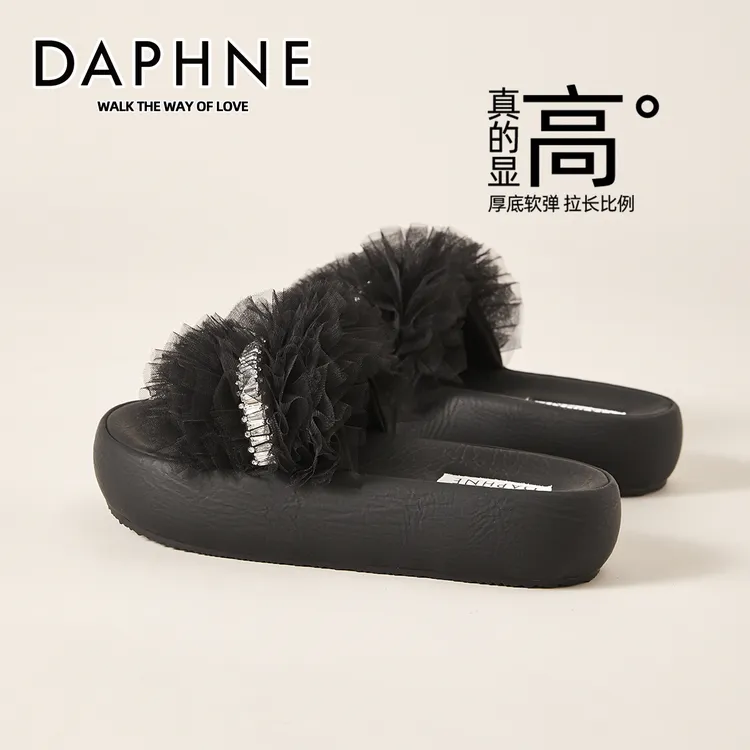 达芙妮网红厚底一字拖鞋女夏季外穿2025新款仙女风蕾丝雪纺凉拖鞋