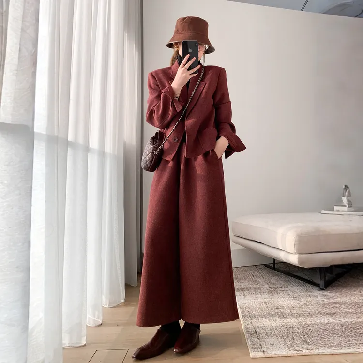 老钱风毛呢西装外套女2025冬新款韩版气质通勤复古套装高端