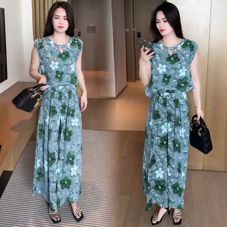 雪纺时尚套装女2025夏季新款洋气显瘦印花无袖上衣阔腿裤两件套潮