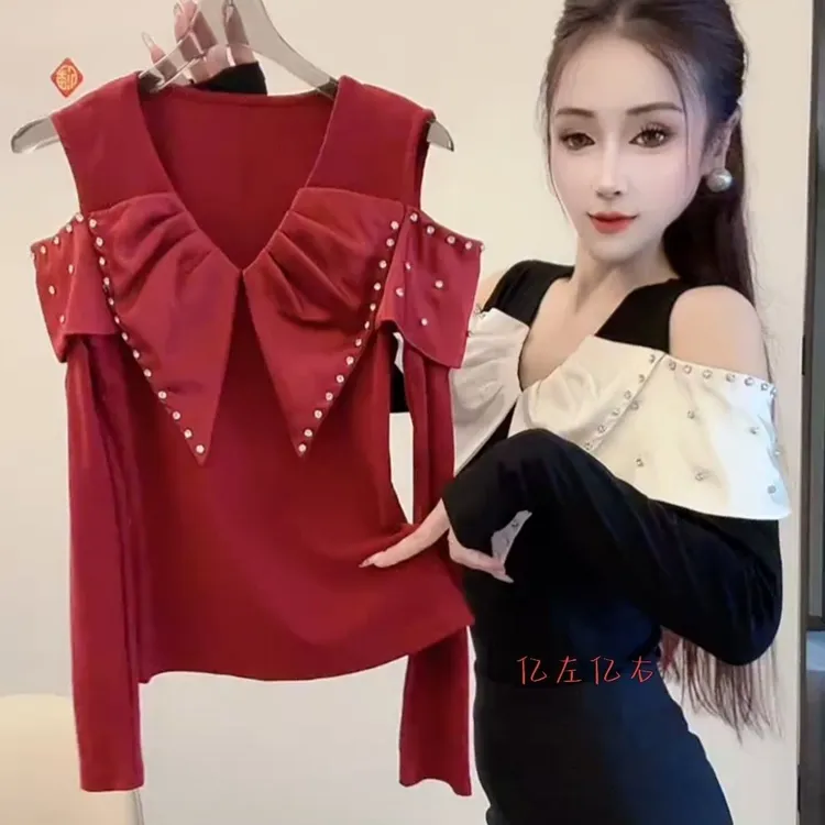 2025新款时尚荷叶领T恤女士长袖气质镶钻黑色修身上衣漏肩小衫潮