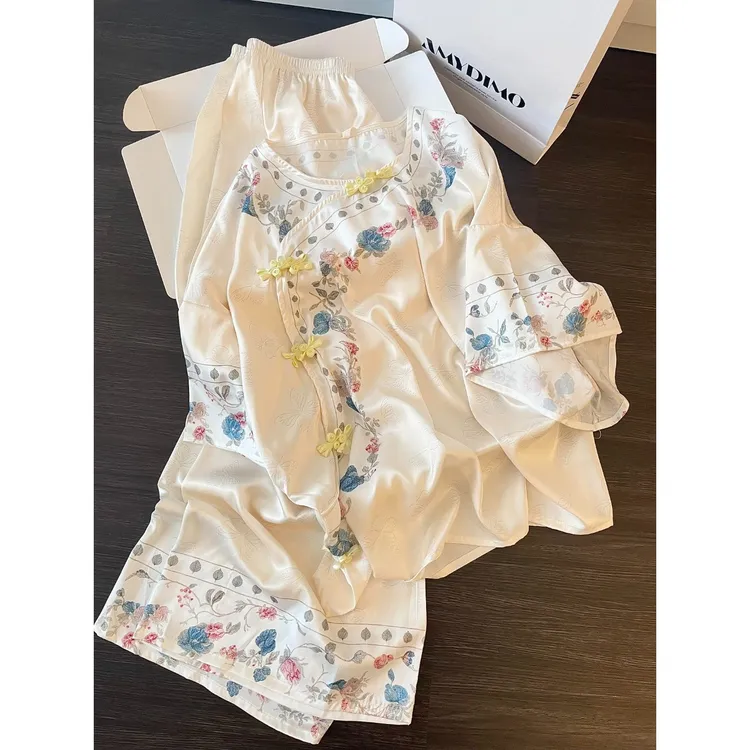 国风新中式植物花卉睡衣女夏2025新款改良提花短袖长裤家居服套装