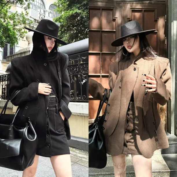 Blackgirl新款【生人勿近】斜纹通勤韩版休闲小众毛呢ins风西装外套