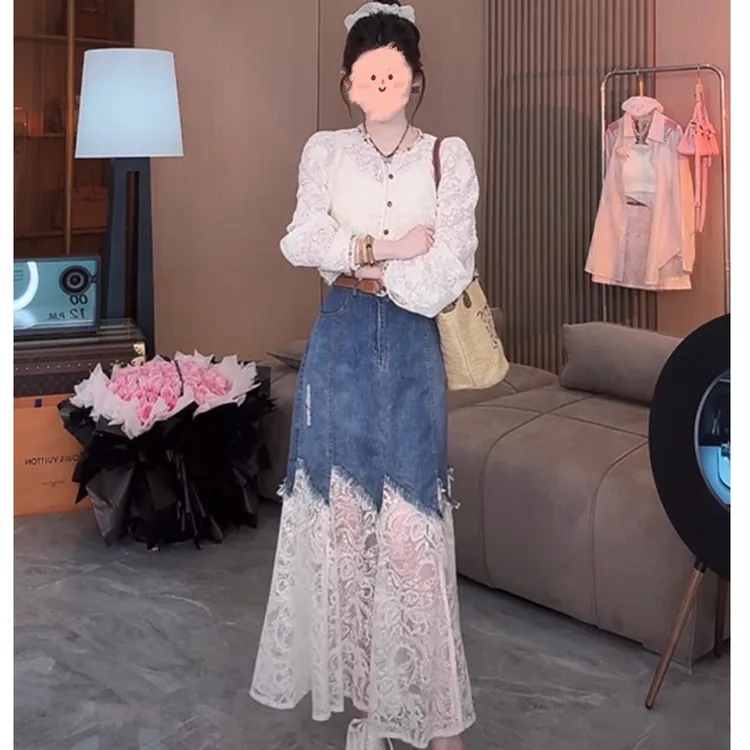 2025春夏季新款时尚百搭蕾丝衬衫设计感长袖上衣蕾丝拼接牛仔半裙
