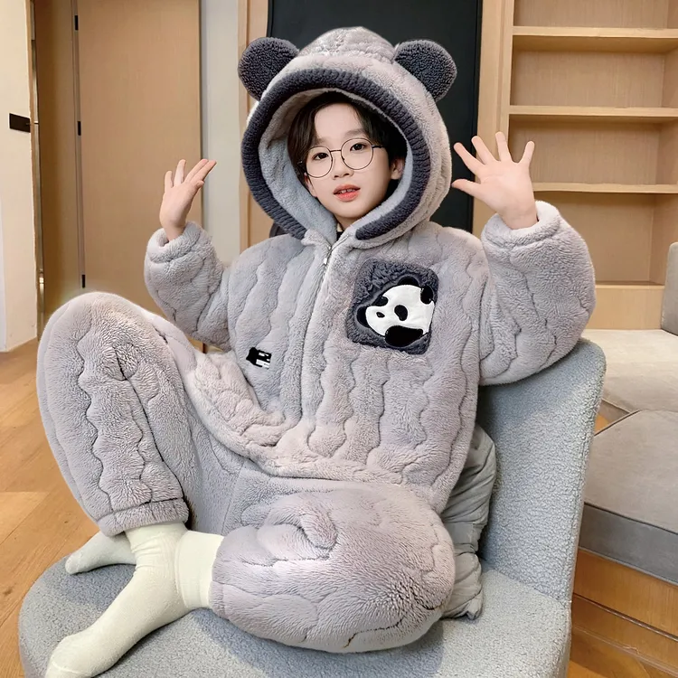 冬季三层夹棉儿童睡衣珊瑚绒连帽男童加绒加厚卡通洋气家居服套装
