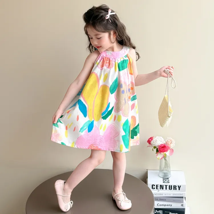 夏季新款韩版女童中小童时髦网红夏装女小孩可爱卡通印花连衣裙