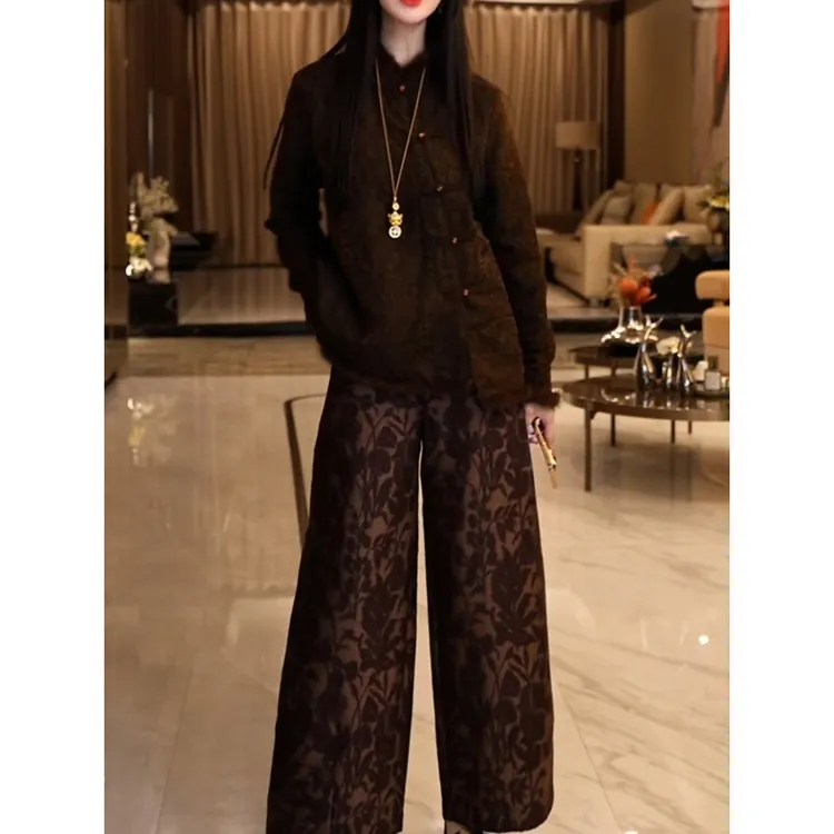 高端时尚裤套装2025秋季新款新中式复古国风上衣+印花裤子两件套