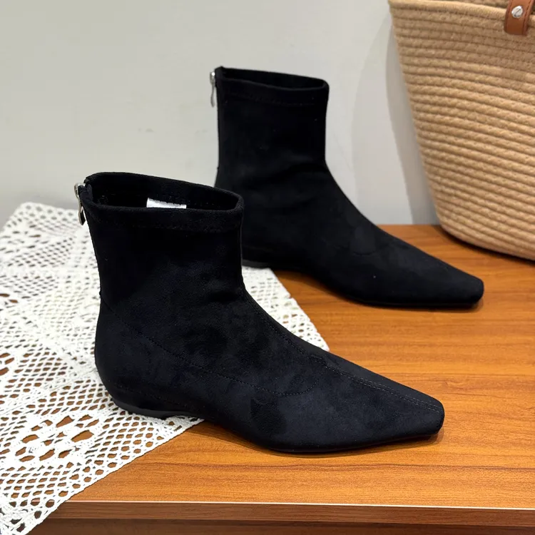 法式超火绒面跛跟百搭小裸靴女2025新款秋洋气复古内增高显瘦短靴