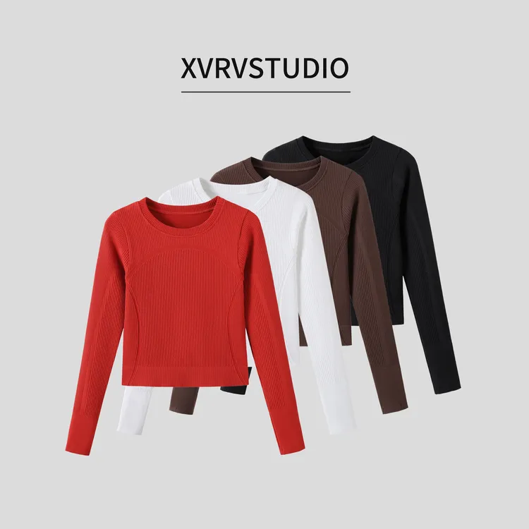 XVRV“无缝一体”螺纹运动长袖健身女外穿跑步弹力圆领修身显瘦T恤