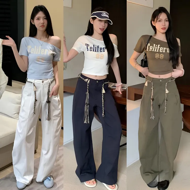 2025夏季新款小众设计斜肩字母印花短袖T桖女上衣百搭修身显瘦