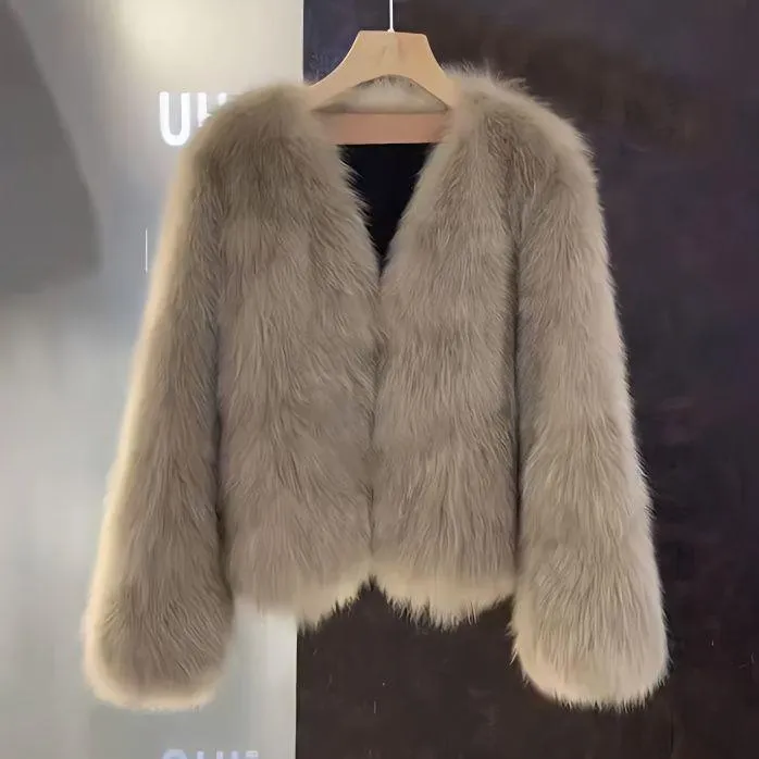 气质网红时尚百搭秋冬女士小香风短款冬季短外套人造仿皮草女装外