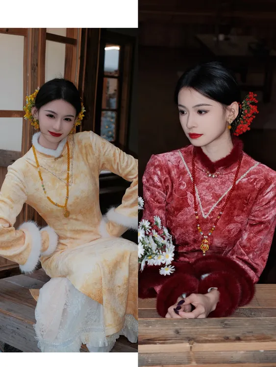 【藏玉白】[云裳]新中式圆领秋冬低领旗袍日常套装-Y-000138-1