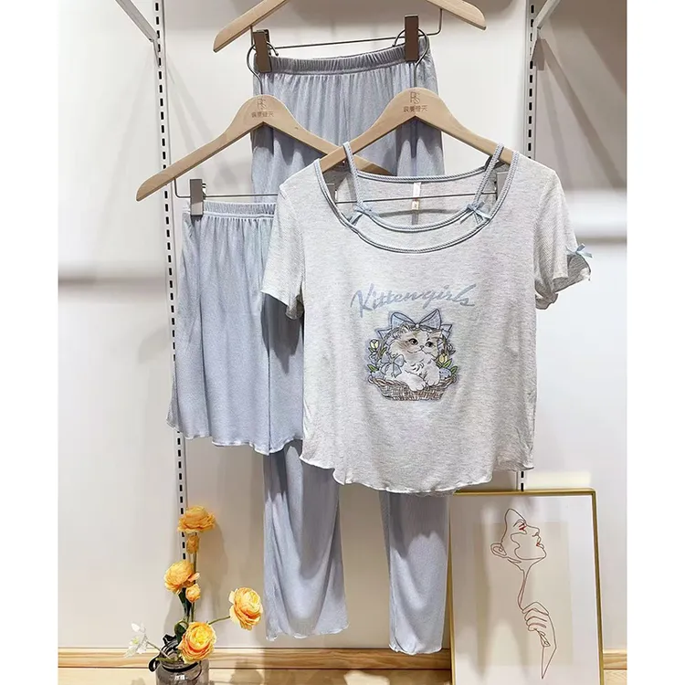 夏季新款小猫咪假两件短袖带杯垫三件套睡衣绵柔透气舒适套装2244