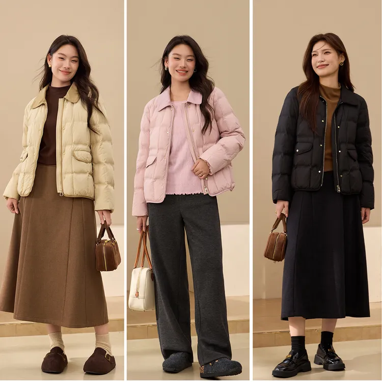 【90%鸭绒】纤莉秀大码女装优雅翻领别致百搭保暖羽绒服QK2853