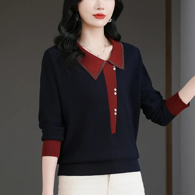 撞色娃娃领针织衫减龄好看洋气妈妈上衣2025新款春秋时尚毛衣气质