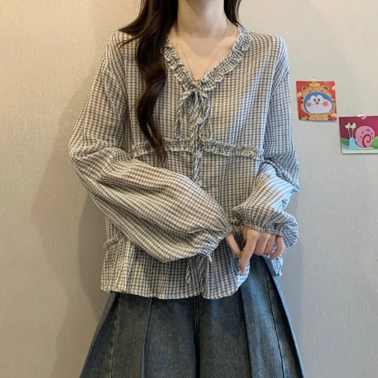 大码法式木耳边系带V领长袖衬衫女春秋胖MM宽松显瘦百搭洋气上衣