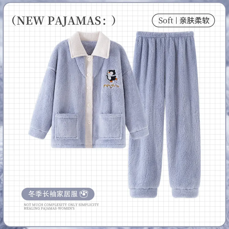 法兰绒秋冬季睡衣女款爆款2025新款家居服加厚加绒保暖珊瑚绒套装