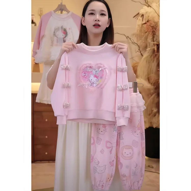 女童卫衣套装春秋款2025新款韩版休闲服运动KT猫两件套粉色卡通潮
