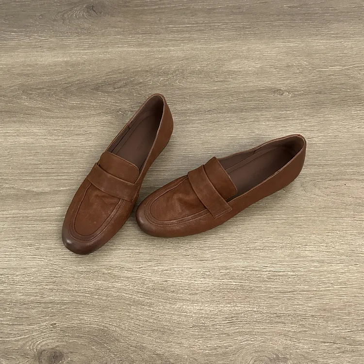 Dannyfrey极简风复古棕色真皮平跟乐福鞋一脚蹬豆豆鞋休闲女鞋