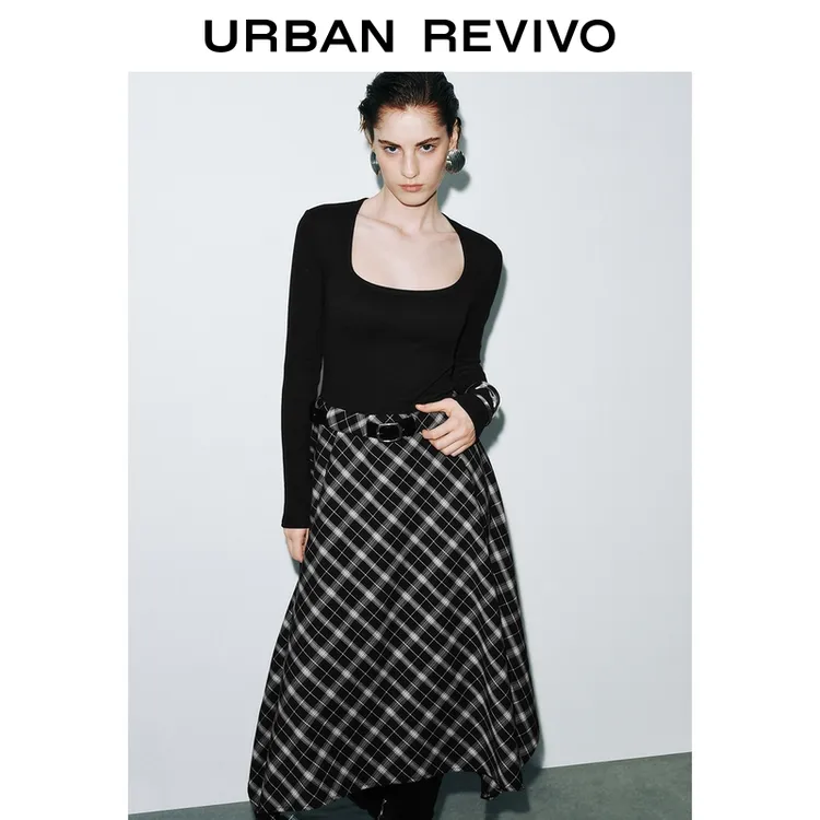 UR2025秋季新款女装潮流格纹拼接腰带连衣裙UWJ750095+