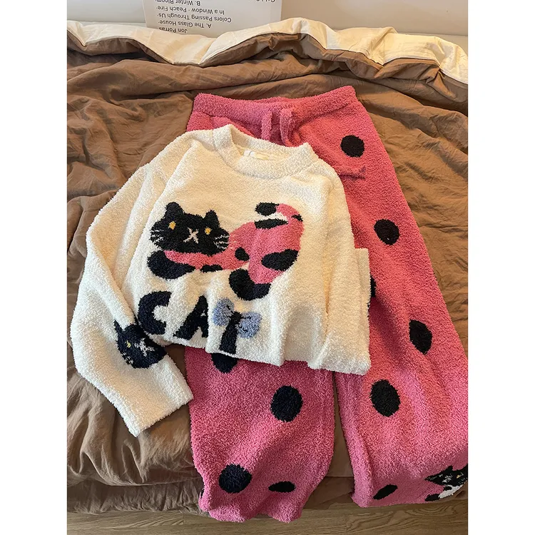 甜美软糯可爱猫咪印花半边绒睡衣女秋冬季少女卡通针织加厚家居服