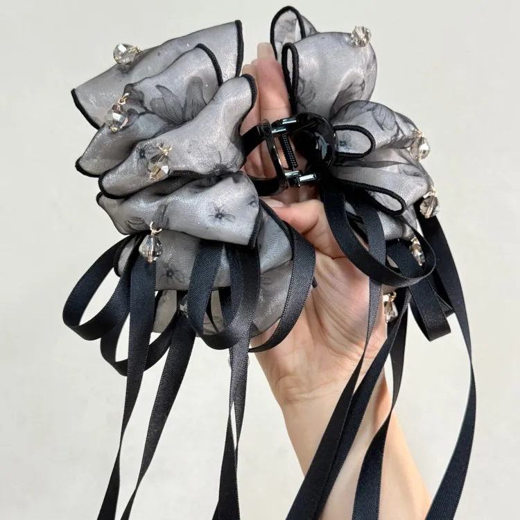 橙圭圭【灰纱闪钻】新中式鲨鱼夹飘带时尚精致优雅抓夹氛围感发饰