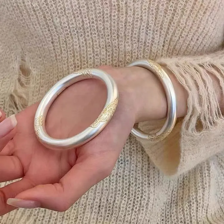 纯银999银金花叶手镯女描金高级感精致银镯子送女友礼物