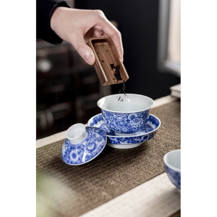 （旗舰号）复古青花万花盖碗+壶承（安全包装）