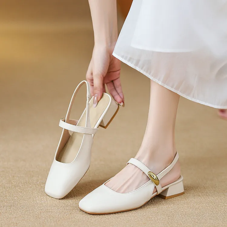 通勤小金豆方头后空包头凉鞋女2025夏季新款粗跟玛丽珍鞋子女外穿