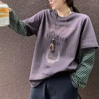 【美琪优选】宽松大版女士条纹彩色假二件长袖T恤