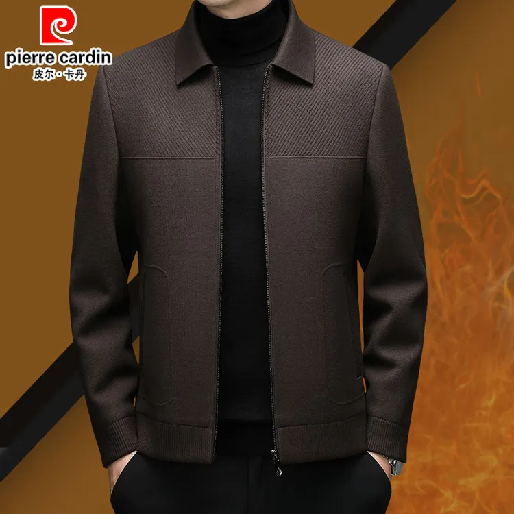 皮尔卡丹男士秋冬针织外套时尚休闲翻领高档时尚潮流厚款夹克衫