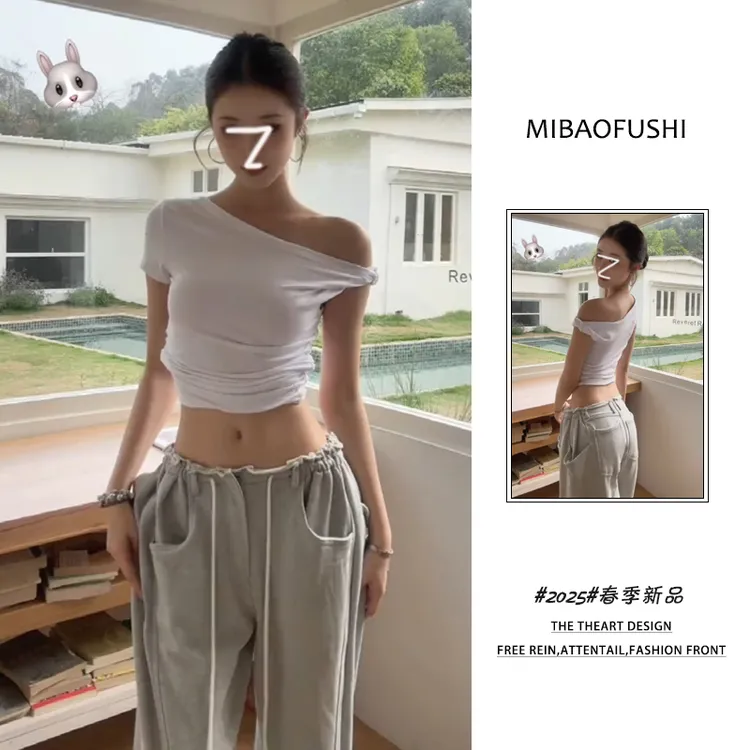 春季一整套女装2025年新款韩系穿搭不规则斜肩t恤阔腿裤两件套潮