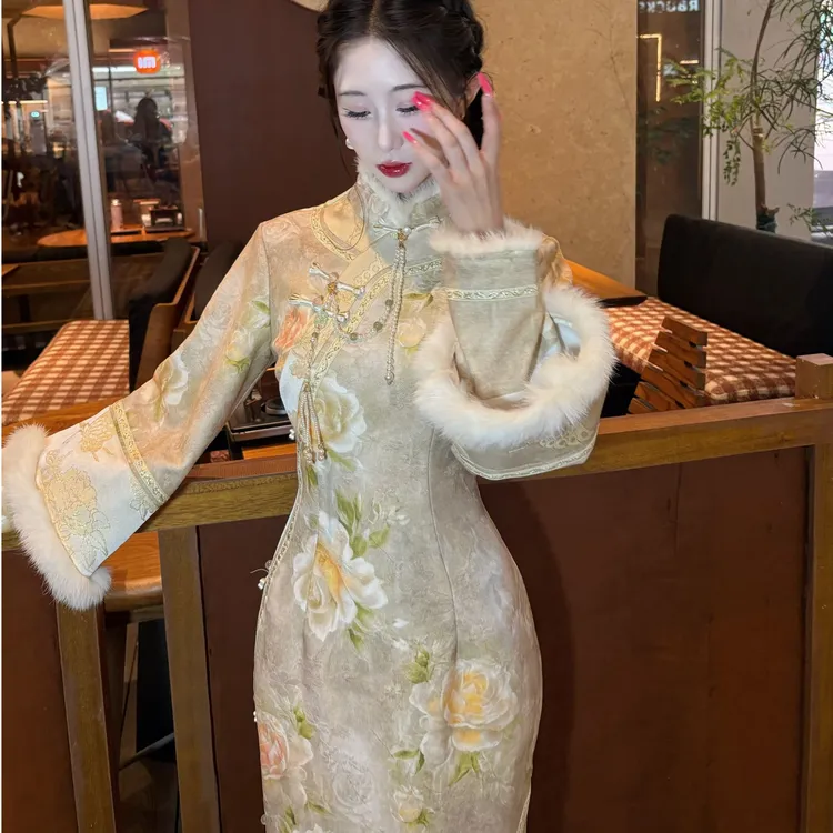 LHMknk1画报夫人原创自制厚款针织水貂毛秋冬旗袍 清宫芍药花旗袍