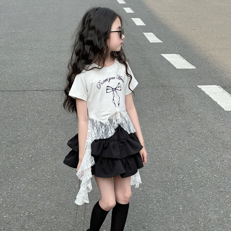 女童夏季短袖T恤2025新款儿童蕾丝蝴蝶结上衣小女孩韩版炸街短袖