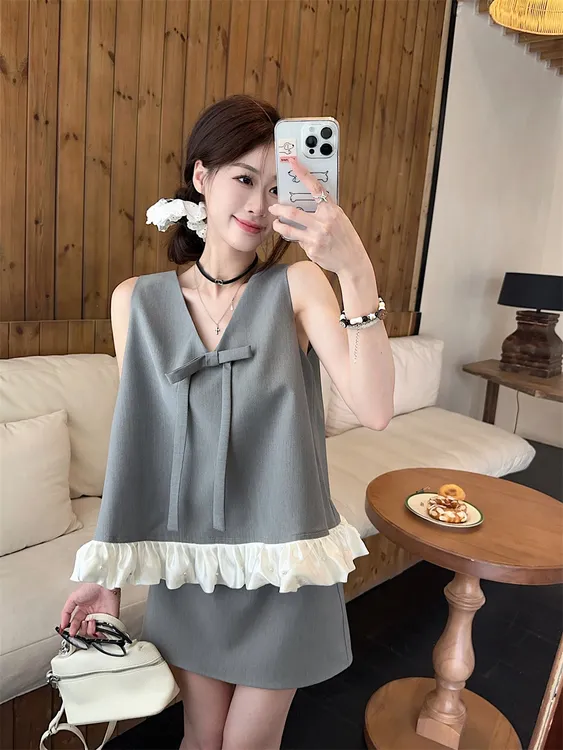 法式蝴蝶结V领撞色拼接背心西装半身裙女2025夏季新款名媛风套装