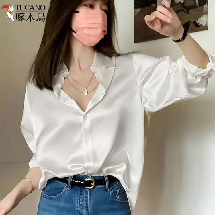 啄木鸟缎面白色衬衫新款高级小众长袖百搭黑色女款秋冬垂感衬衫