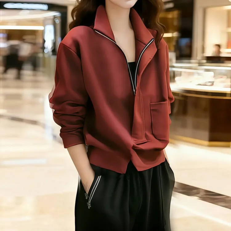 罗芬面料故事旗舰店女装秋冬时尚百搭气质优雅洋气酒红色拉链卫衣