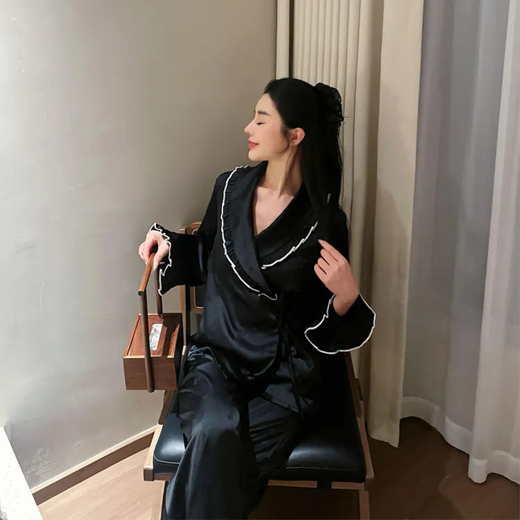 睡衣女春秋季高级感系带冰丝缎面提花面料气质长袖法式家居服套装