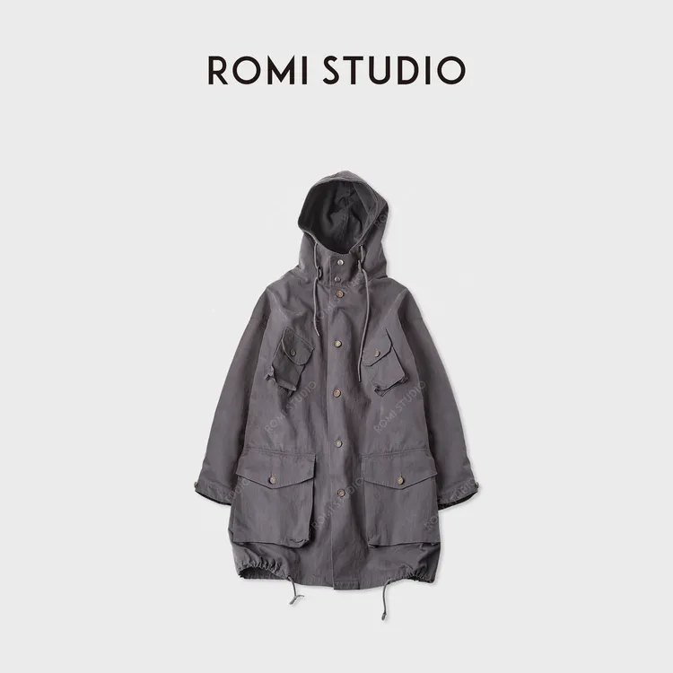 ROMI STUDIO“美式复古”重工洗水可拆卸连帽风衣外套 RWCWWT6047