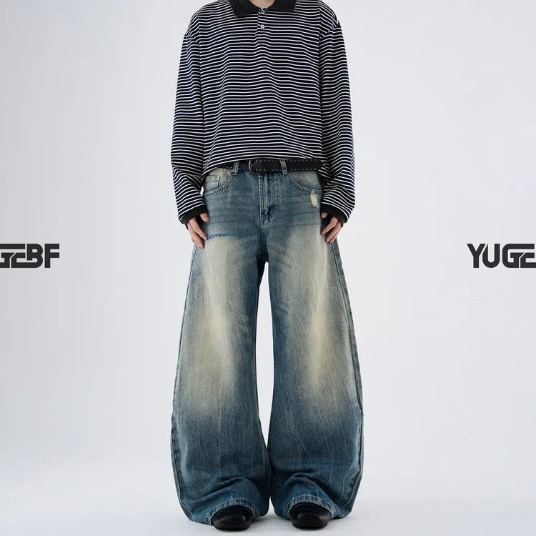 YUGEBF美式高街爆裂纹水洗弯刀牛仔裤男女设计感宽松直筒休闲裤子