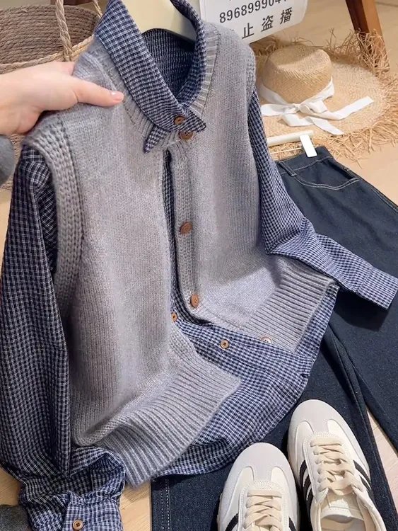 2025年秋季新款大码女装时尚圆领长袖针织背心两件长袖衬衫上衣潮