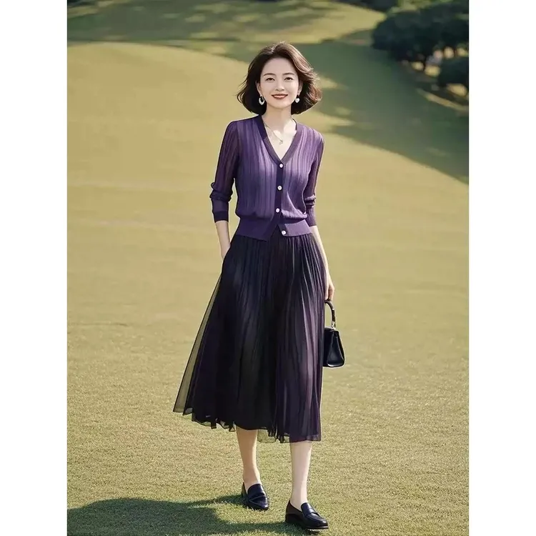 小个子气质显瘦高级感休闲紫色针织开衫半身裙2025新年新款套装女