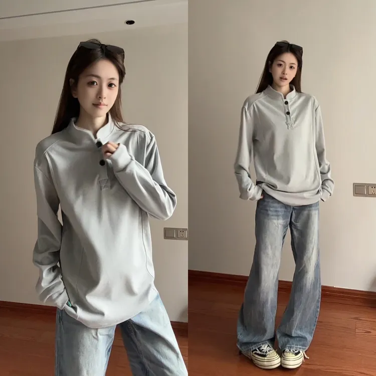 美式Polo亨利长袖t恤男秋冬潮流cleanfit套头内搭德绒打底衫卫衣