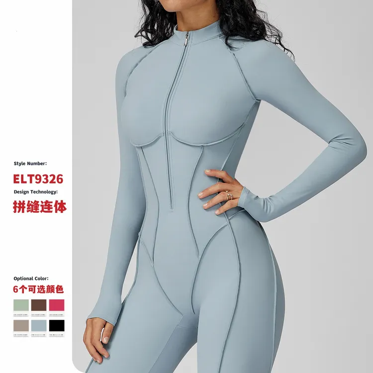 欧美撞色立领连体衣半拉链一体式健身服女高强度运动瑜伽服9326