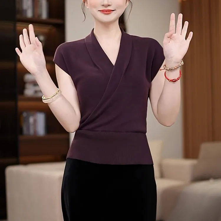 法式紫色韵味V领短袖针织衫女夏季新款薄款显瘦休闲洋气百搭上衣