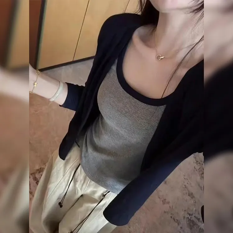 长袖开衫小外套女2025秋季款韩版时尚拼色吊带两件套洋气百搭上衣
