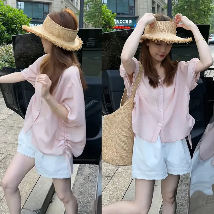 甜美减龄小个子休闲两件套女夏季新款抽褶设计感短袖衬衫百搭短裤