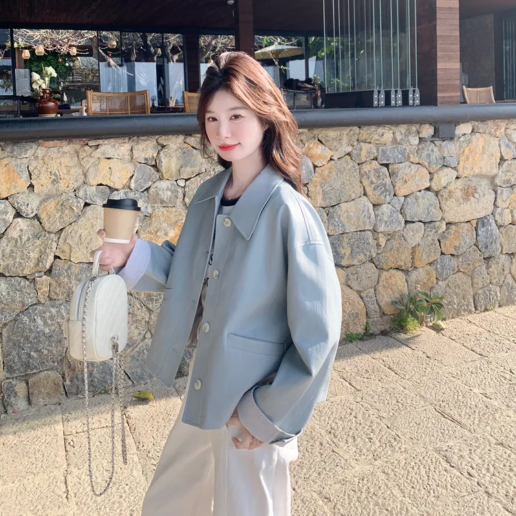 韩系温柔风小众设计减龄蓝色独特皮衣外套女2025新款短款夹克上衣