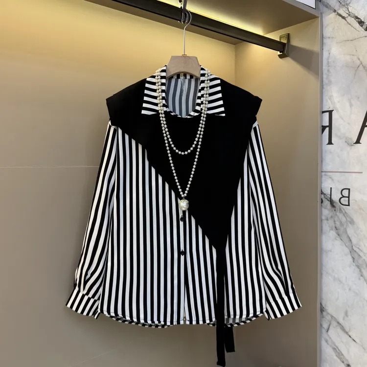 2025早秋新款不规则条纹真两件上衣+披肩大码显瘦洋气两件套6527